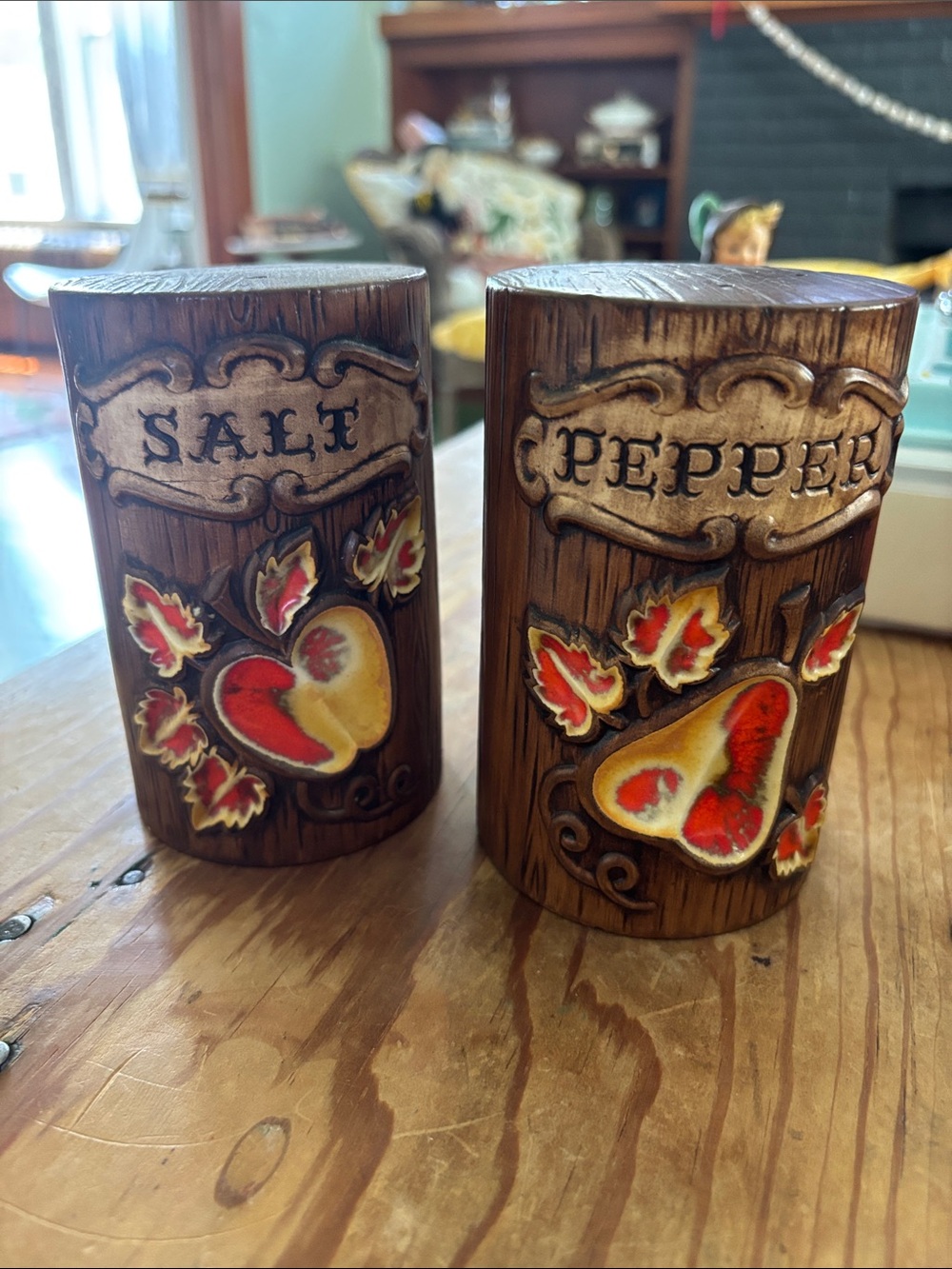 Vintage Carved Wood Salt & Pepper Shakers with Fruit Motif
